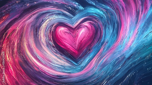 A vibrant, abstract heart-shaped artwork, conveying feelings of love and passion, with swirling colors.