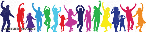 Colorful silhouettes of people dancing and celebrating, joyful community concept for diversity, party, movement, and festive themes.