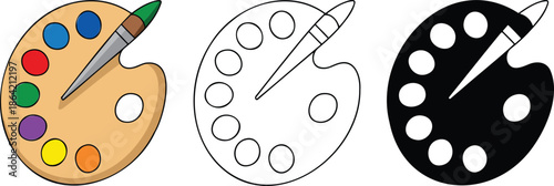 Paint palette silhouette & Outline and illustration set isolated on transparent background