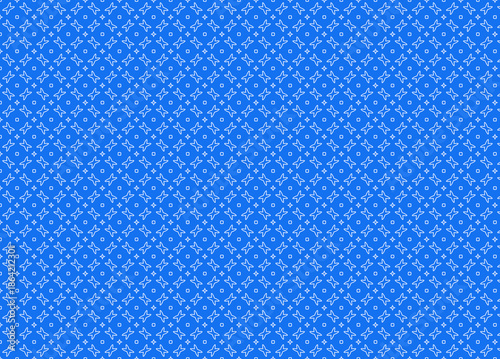 Bright blue backdrop with a light white geometric repeating star flower pattern