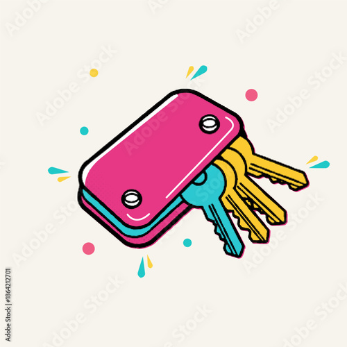 Halftone pop art dot compact key organizer and holder with various colorful metal keys, vector illustration