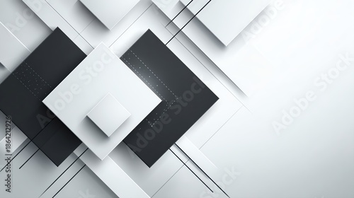 A modern abstract design featuring overlapping geometric shapes in black and white.