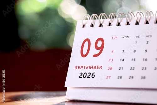 Wallpaper Mural Calendar page of September 2026 on desk, with copy space. monthly planning concept, important schedules, meetings, and appointments. Torontodigital.ca