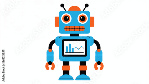 Cute blue robot with orange details and graph on screen standing alone