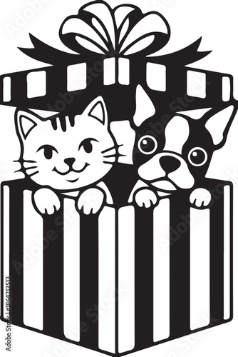 Cute cartoon vector illustration of a black kitten with a birthday gift box and a flower, featuring a funny feline silhouette art design for pet lovers