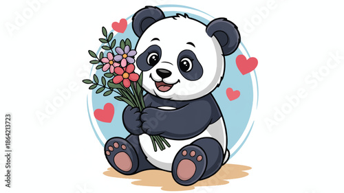 Cute panda bear holding a bouquet of flowers and hearts around