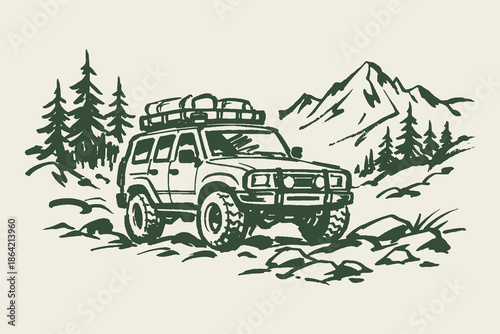 Off Road Mountain Adventure Ink Sketch Vector Illustration