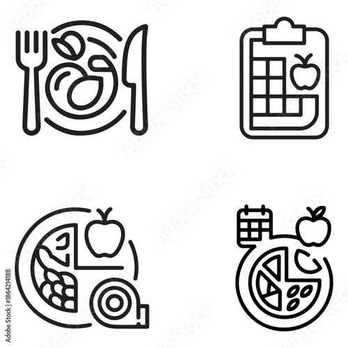 Comprehensive healthy lifestyle and diet plan vector outline icons collection
