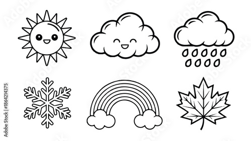 Cute weather icons with sun cloud rain snowflake rainbow and leaf