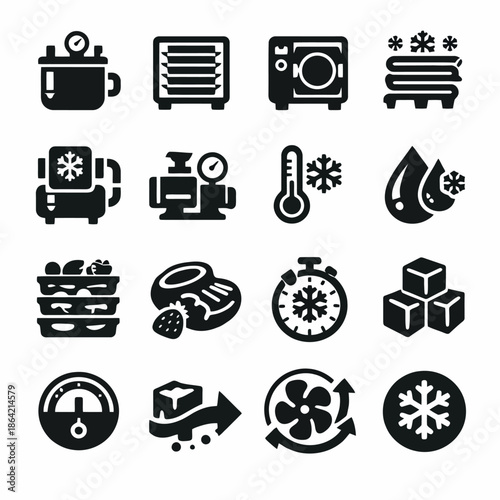 Black and white icons of kitchen appliances and food preservation techniques