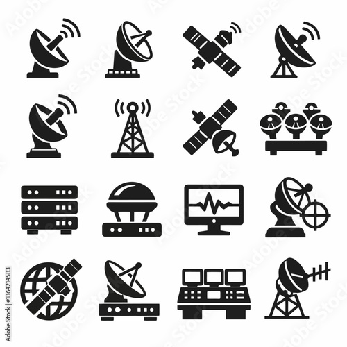 Black satellite and antenna icons set for communication and technology