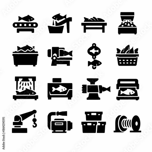 Black and white icons of fish processing and factory equipment