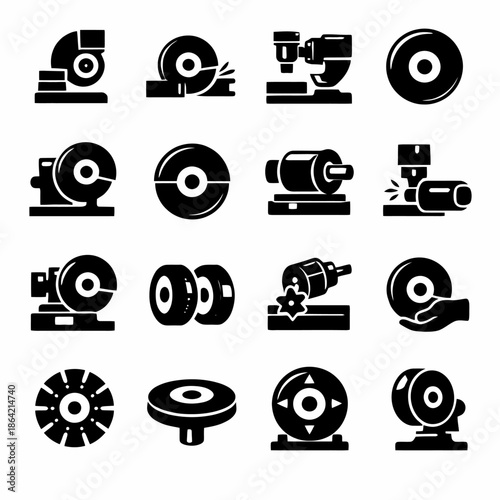 Collection of black grinding machine icons in various styles and designs