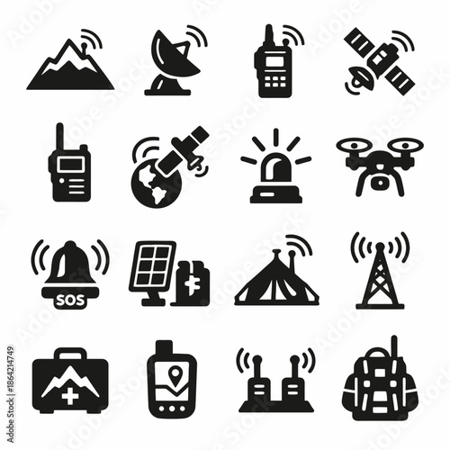 Emergency communication and navigation icons set for outdoor adventure