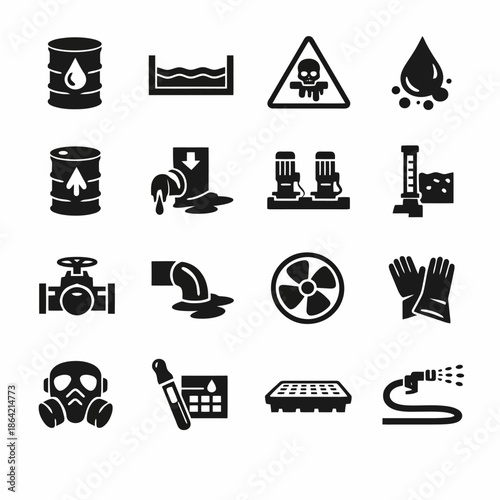 Set of industrial safety icons featuring hazards and protective gear