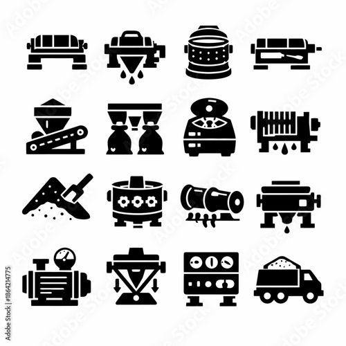 Industrial equipment icons set: machinery silhouettes for manufacturing and processing