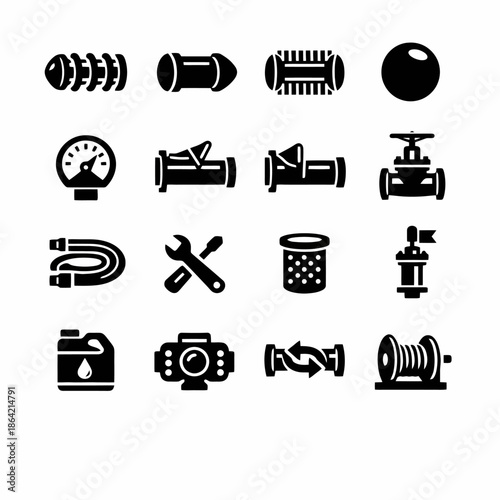Industrial equipment icons set featuring tools and machines for engineering and maintenance