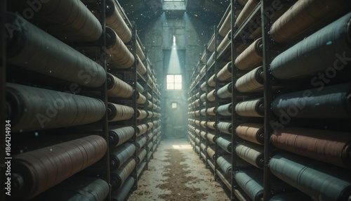 Low-angle cinematic shot of silk and wool rolls on vintage cast-iron racks in a heritage textile warehouse