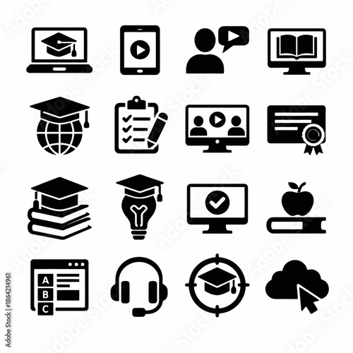Online education icons: graduation, courses, certifications, learning tools, technology