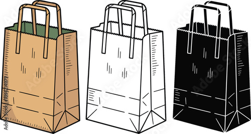 Paper bag silhouette & Outline and illustration set isolated on transparent background
