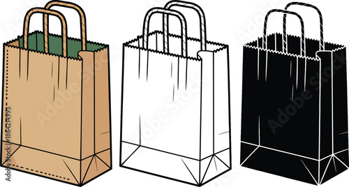 Paper bag silhouette & Outline and illustration set isolated on transparent background