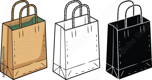 Paper bag silhouette & Outline and illustration set isolated on transparent background