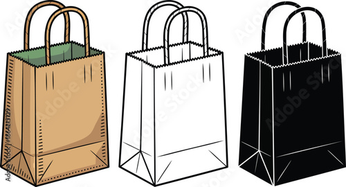 Paper bag silhouette & Outline and illustration set isolated on transparent background