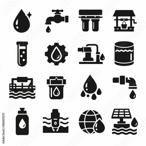 Water conservation icons: drops, faucets, filtration, wells, and sustainability