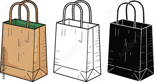 Paper bag silhouette & Outline and illustration set isolated on transparent background