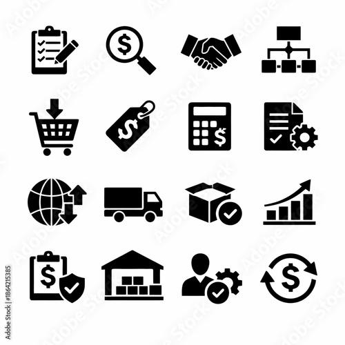 Business and finance icons: shopping cart, calculator, globe, shipping, growth chart