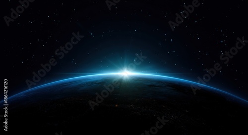 Earth rising, vibrant sunrise over a dark space