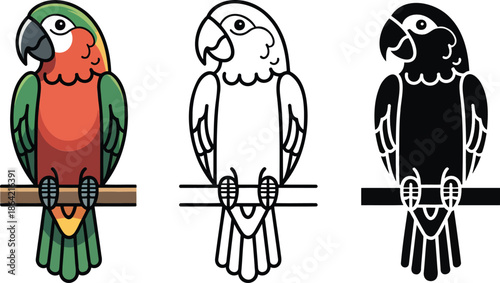 Parrot silhouette & Outline and illustration set isolated on transparent background