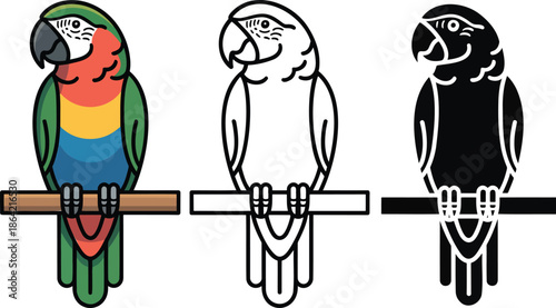 Parrot silhouette & Outline and illustration set isolated on transparent background