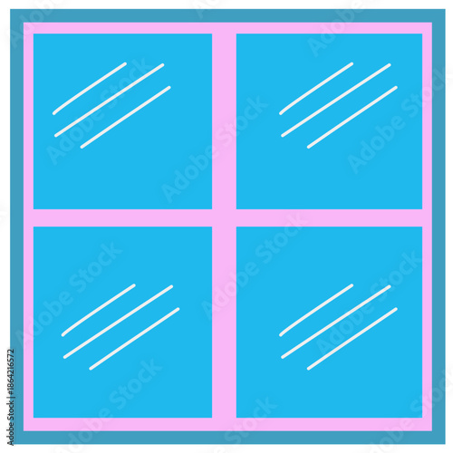Blue window with a pink and blue frame.