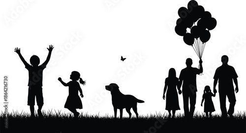 Silhouette family outdoor scene with children playing, dog, balloons, butterfly, grass field, nature leisure, happy people, summer park activity