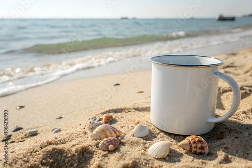 Photorealistic Blank White Enamel Mug Mockup on Sandy Beach with Seashells and Gentle Waves in Bright Daylight