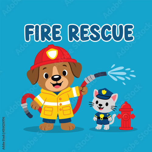 Brave bear firefighter with puppy and fire rescue text in heroic duty pose cartoon vector illustration