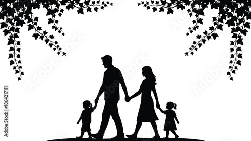 Silhouette family walking under hanging ivy, symbolizing love, unity, nature, and peaceful outdoor bonding in black and white.