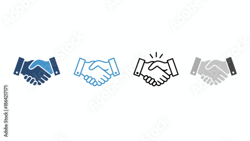 Four distinct handshake icons in different styles and colors representing collaboration and partnership