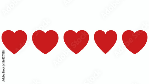 A row of five vibrant red heart symbols representing a top-tier customer satisfaction rating, excellent quality feedback, or a perfect love score, ideal for digital interfaces and positive evaluations