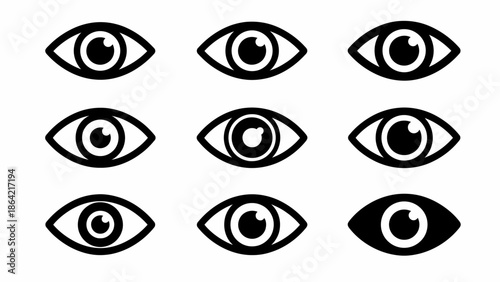 Collection of nine stylized eye icons in a 3x3 grid, showcasing varied pupil sizes and distinct line art