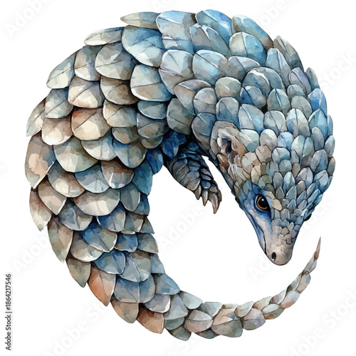 Pangolin, watercolor illustration featuring soft shadows and luminous, isolated on a white background.
