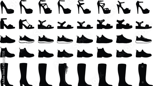 Silhouette grid of diverse footwear styles including heels, sneakers, boots, and sandals for fashion design and catalog themes.