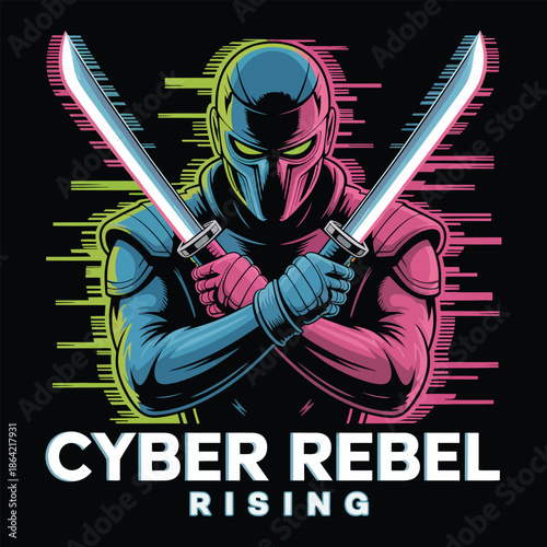 Cyber Rebel Rising Character with Swords in Neon Colors