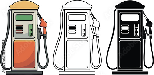 Petrol pump or fuel dispenser silhouette & Outline and illustration set isolated on transparent background