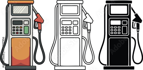 Petrol pump or fuel dispenser silhouette & Outline and illustration set isolated on transparent background