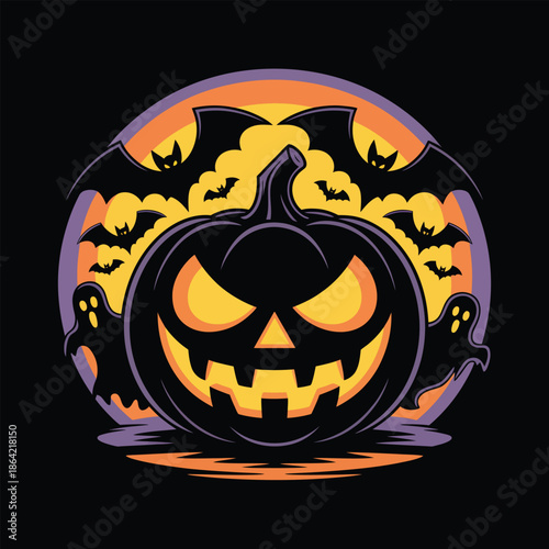 Halloween Jack O Lantern with Bats and Full Moon Background