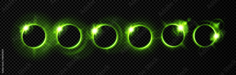 Fototapeta premium Aura halo circle with glow green light and neon sphere ring. Energy oval glowing with futuristic aura round and line motion rotation. Illuminated background aura with black digital glow and halo.