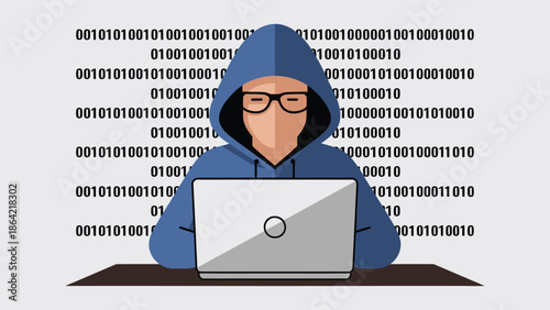 Hooded Figure with Laptop Surrounded by Binary Code