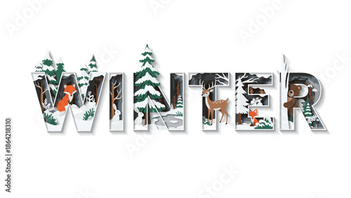 Bold winter typography composition filled with snowy forest wildlife scene integrated inside letters creative seasonal design concept